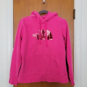 The North Face bright pink women's hoodie sweatshirt with tree graphic